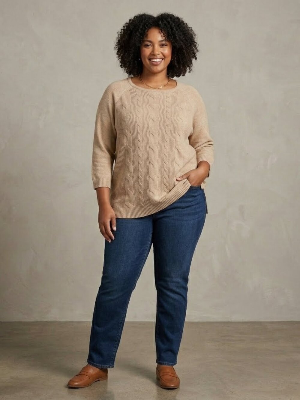 NEW Cyrus Cable Knit Sweater Womens 3X Tan Plus Stretch Soft Casual Neutral J16